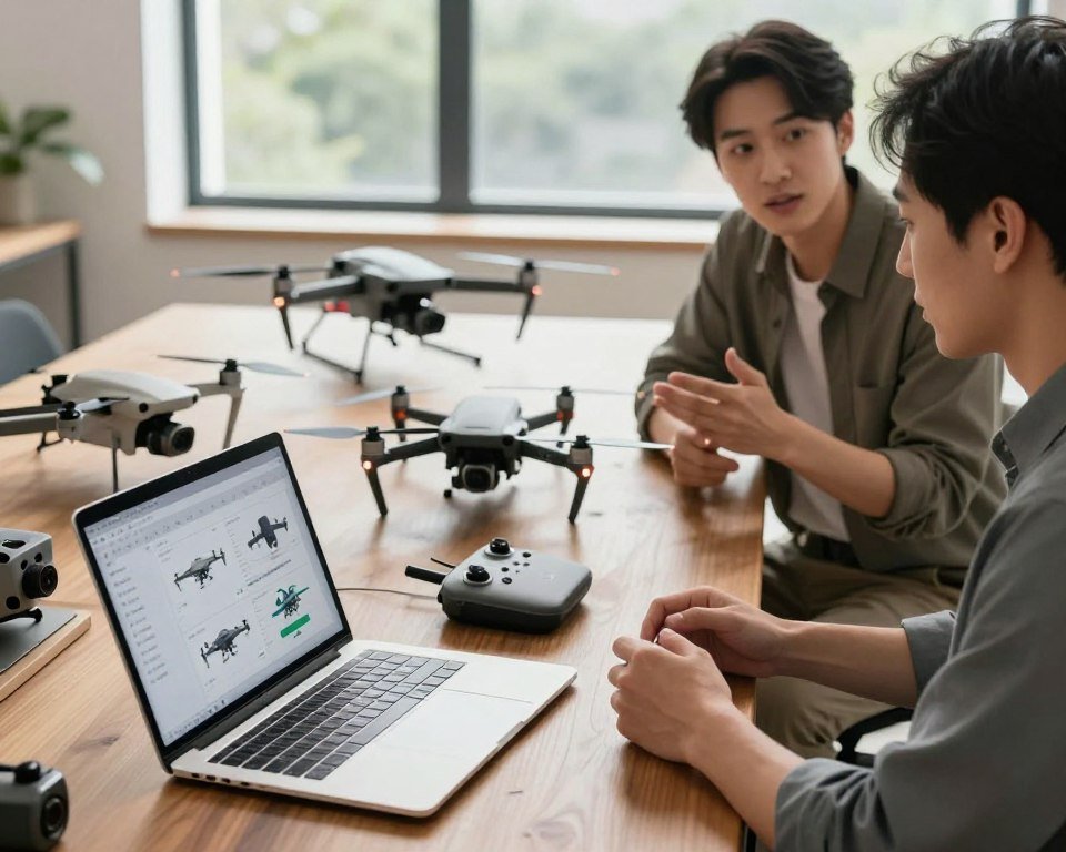 A beautifully designed workspace featuring a selection of various drones laid out on a polished wooden table. In the foreground, an open laptop displays detailed comparison charts of drone specifications, while a pair of professional individuals, dressed in smart casual attire, discuss the features enthusiastically. The middle ground showcases a close-up view of several drone models, highlighting their sleek designs and functionality, including propellers, cameras, and remote controls. The background features a large window with soft natural light streaming in, illuminating the scene and creating a warm, inviting atmosphere. The overall mood is focused, informative, and encouraging for prospective drone buyers, suggesting a thoughtful decision-making process in choosing the ideal drone.