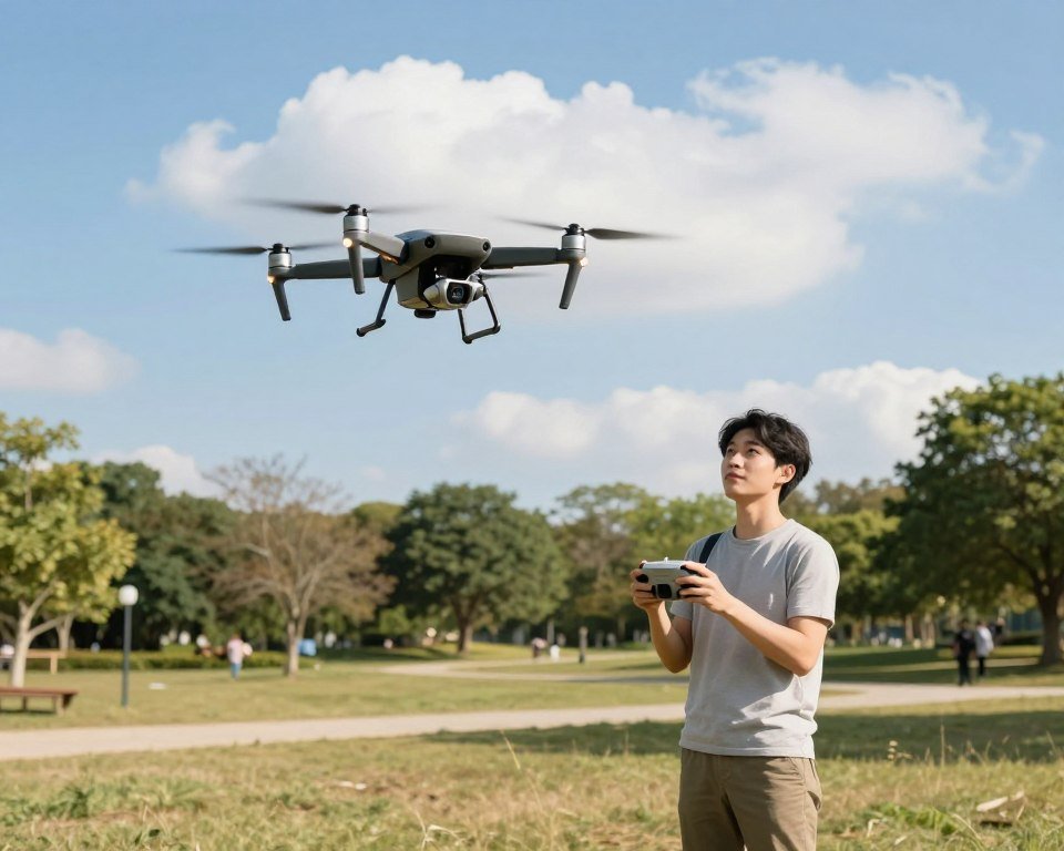 A beginner flying a drone in a scenic outdoor setting, showcasing practical tips for a first flight. In the foreground, the drone hovers steadily, capturing the excitement of the pilot. The middle ground features a diverse landscape, such as a park with trees and open skies, emphasizing the wide area for flying. In the background, a few fluffy white clouds drift in a bright blue sky, suggesting a pleasant day for flying. The lighting is bright and natural, casting soft shadows to create a cheerful atmosphere. The pilot, dressed in modest casual clothing, looks focused while confidently operating the drone, embodying a sense of discovery and adventure. The overall mood is uplifting and encouraging for new drone enthusiasts.