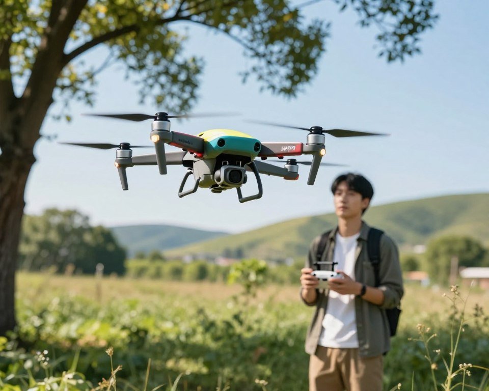 A beginner-friendly drone in a lush outdoor setting, showcasing various assisted flight modes. In the foreground, a colorful, compact drone hovers gracefully with its propellers spinning, capturing the viewer's attention. The middle ground features a person in modest casual clothing, observing the drone with a focused expression, holding a remote control in one hand. The background is filled with greenery and gentle hills, suggesting a serene environment perfect for learning. Bright, natural sunlight filters through the trees, creating dappled light on the ground. The angle is slightly tilted upward to emphasize the drone's flight capabilities against a clear blue sky. The overall atmosphere conveys excitement and curiosity, ideal for aspiring pilots.