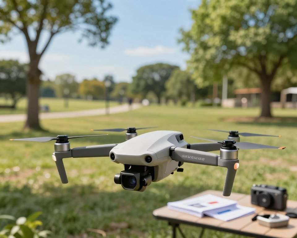 A beginner-friendly drone prominently displayed in the foreground, showcasing its durable design and modern technology. The drone is viewed from a slightly elevated angle, with its propellers and body highlighted under bright, natural sunlight. In the middle ground, a serene park setting with a few scattered trees and a clear blue sky creates a calming backdrop. Consider including a small table beside the drone with manuals and accessories, emphasizing a beginner's choice. The overall mood is inviting and educational, suggesting ease of use and exploration. The lighting is soft yet vibrant, enhancing the drone's features and the inviting environment. No text, watermarks, or distractions are present in the scene.