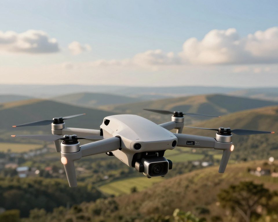 A beginner-friendly drone with a sturdy, sleek design is showcased in the foreground, emphasizing its safety features. The drone's propellers are highlighted, demonstrating their durability, while a clear indicator panel displays various flight modes, such as "safe mode" and "beginner mode." In the middle ground, an aerial view captures a tranquil outdoor landscape, with gentle hills and a serene sky, conveying a sense of exploration and safety. Soft, natural lighting bathes the scene, enhancing the serene atmosphere. The background features a distant horizon with a few fluffy clouds, contributing to an inviting and encouraging mood for new drone users. The overall composition focuses on the drone's capabilities in a safe and reliable context, aimed at both beginners and enthusiasts.