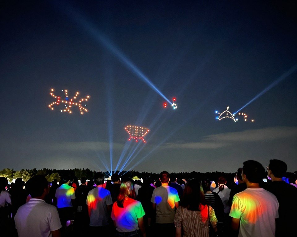 A breathtaking night sky filled with a dazzling array of illuminated drones performing a synchronized aerial light show. In the foreground, vibrant, colorful lights from the drones cast reflections on the faces of an engaged audience, who are dressed in casual yet stylish clothing, watching in awe. The middle ground features the drones in dynamic formations, creating shapes and patterns, while dazzling beams of light crisscross the dark sky above. In the background, a serene landscape provides a subtle silhouette against the glowing spectacle. The scene is illuminated with dynamic, colorful lighting that evokes a sense of wonder and excitement. The angle captures both the upward perspective of the drones and the expressions of the captivated spectators, enhancing the atmosphere of an enchanting event.
