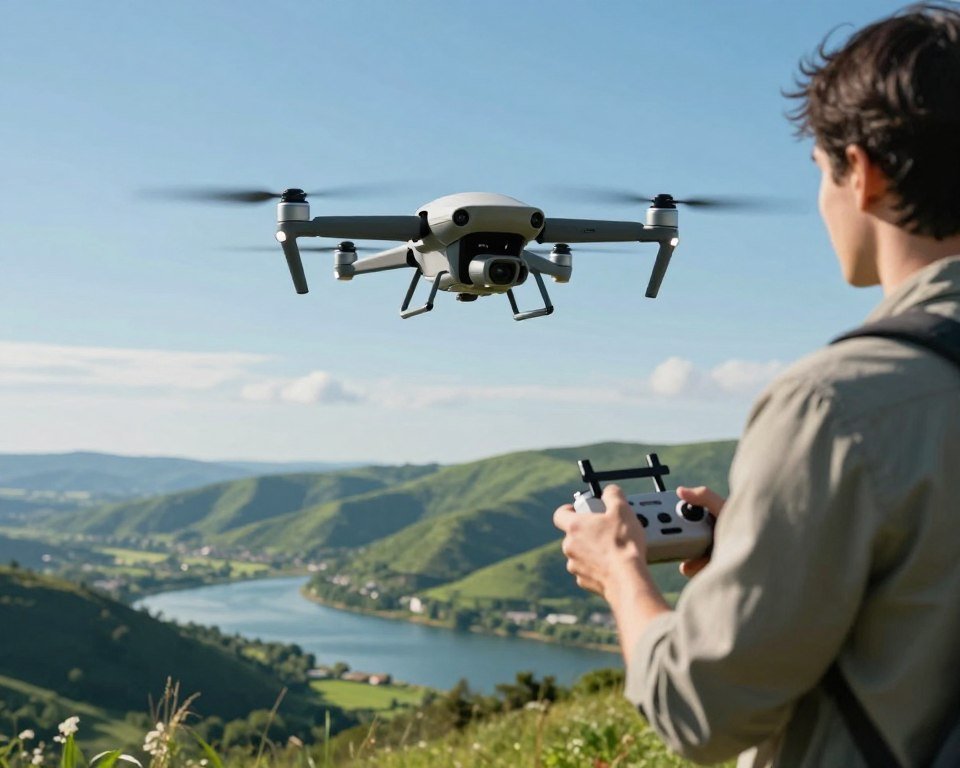 A breathtaking outdoor scene showcasing an immersive flying experience with a high-tech drone soaring through a vibrant blue sky. In the foreground, a professional individual in modest casual clothing is holding a remote controller, fully engaged in the experience. The middle ground features the drone captured in dynamic flight, displaying sleek, modern design elements. The background reveals a stunning landscape of lush green hills and clear waterways, radiating a sense of adventure and freedom. Utilize soft, natural lighting to enhance the atmosphere, demonstrating the beauty of outdoor flying. The angle should be slightly upward, emphasizing the height and movement of the drone, while creating a feeling of exhilaration and tranquility. Aim for a cinematic and inviting mood that encapsulates the joy of outdoor drone flying. A breathtaking outdoor scene showcasing an immersive flying experience with a high-tech drone soaring through a vibrant blue sky. In the foreground, a professional individual in modest casual clothing is holding a remote controller, fully engaged in the experience. The middle ground features the drone captured in dynamic flight, displaying sleek, modern design elements. The background reveals a stunning landscape of lush green hills and clear waterways, radiating a sense of adventure and freedom. Utilize soft, natural lighting to enhance the atmosphere, demonstrating the beauty of outdoor flying. The angle should be slightly upward, emphasizing the height and movement of the drone, while creating a feeling of exhilaration and tranquility. Aim for a cinematic and inviting mood that encapsulates the joy of outdoor drone flying.