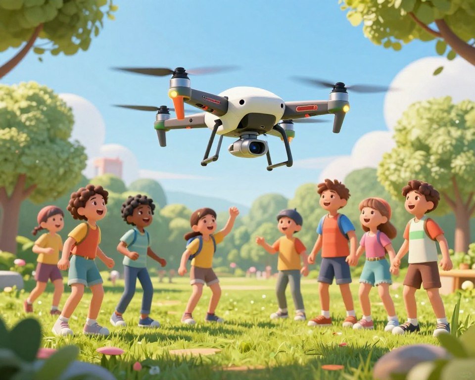 A bright and engaging illustration of a modern drone designed specifically for children. In the foreground, a high-tech, colorful drone is hovering, showcasing vibrant designs that appeal to kids. The middle ground features curious children, a diverse group of boys and girls aged 8-12, dressed in casual, age-appropriate clothing, looking excited as they interact with the drone. In the background, a sunny park setting with green grass, trees, and a clear blue sky enhances the playful atmosphere. The lighting is warm and inviting, creating a cheerful mood. A wide-angle lens perspective emphasizes the joyful experience of exploring technology. The overall scene captures the wonder of children engaging with innovative technology in a safe outdoor environment.