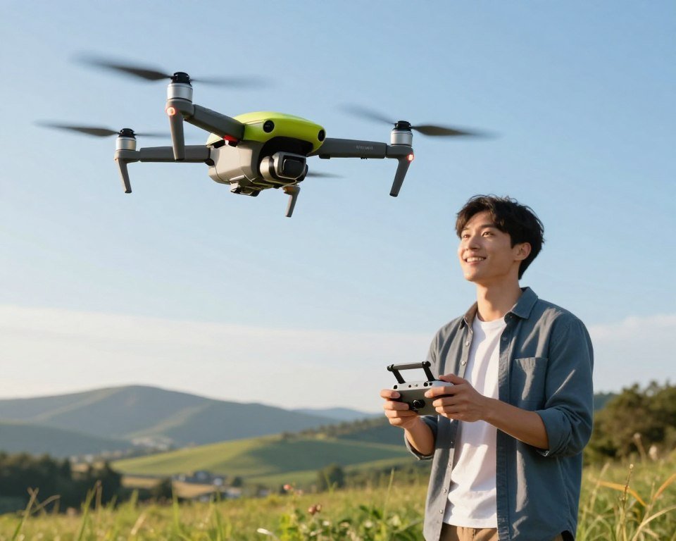 A bright and engaging scene depicting a beginner-friendly drone in flight. In the foreground, a sleek, modern drone with vibrant colors hovers effortlessly in a clear blue sky. In the middle ground, an enthusiastic young adult, dressed in smart casual attire, operates the drone using an intuitive remote controller, showcasing ease of use. In the background, a scenic landscape of rolling hills and green fields under soft natural lighting, creating a tranquil atmosphere. The sun is shining, casting warm light that accentuates the features of the drone and the operator. The overall mood is uplifting, highlighting the accessibility and enjoyment of flying a beginner-friendly drone. A bright and engaging scene depicting a beginner-friendly drone in flight. In the foreground, a sleek, modern drone with vibrant colors hovers effortlessly in a clear blue sky. In the middle ground, an enthusiastic young adult, dressed in smart casual attire, operates the drone using an intuitive remote controller, showcasing ease of use. In the background, a scenic landscape of rolling hills and green fields under soft natural lighting, creating a tranquil atmosphere. The sun is shining, casting warm light that accentuates the features of the drone and the operator. The overall mood is uplifting, highlighting the accessibility and enjoyment of flying a beginner-friendly drone.
