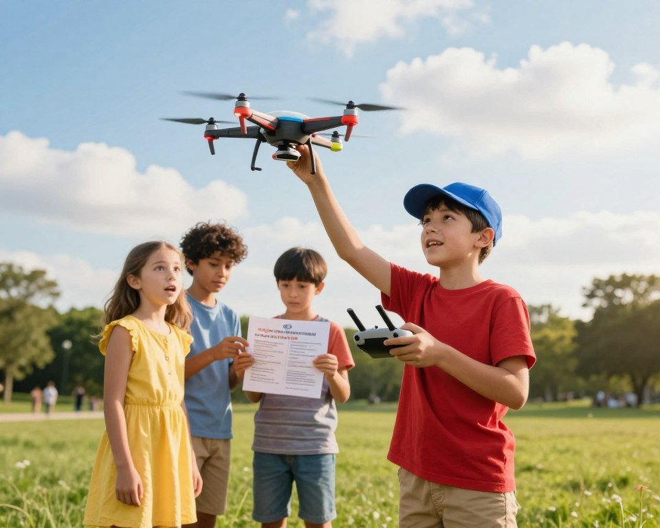 A bright and engaging scene depicting a small group of children, ages 8-12, flying colorful toy drones in a grassy park. The foreground shows a boy, wearing a blue cap and a red t-shirt, joyfully controlling his drone with a remote, while a girl in a yellow dress looks on, her eyes wide with excitement. In the middle ground, two other children are gathered around another drone, discussing safety and legal regulations shown on a printed flyer. The background features a vibrant blue sky with fluffy white clouds and distant trees. Soft sunlight illuminates the scene, creating a warm, cheerful atmosphere. The angle is slightly low to capture the children's expressions and their interactive moment, evoking a sense of fun and responsibility in flying drones safely. A bright and engaging scene depicting a small group of children, ages 8-12, flying colorful toy drones in a grassy park. The foreground shows a boy, wearing a blue cap and a red t-shirt, joyfully controlling his drone with a remote, while a girl in a yellow dress looks on, her eyes wide with excitement. In the middle ground, two other children are gathered around another drone, discussing safety and legal regulations shown on a printed flyer. The background features a vibrant blue sky with fluffy white clouds and distant trees. Soft sunlight illuminates the scene, creating a warm, cheerful atmosphere. The angle is slightly low to capture the children's expressions and their interactive moment, evoking a sense of fun and responsibility in flying drones safely.