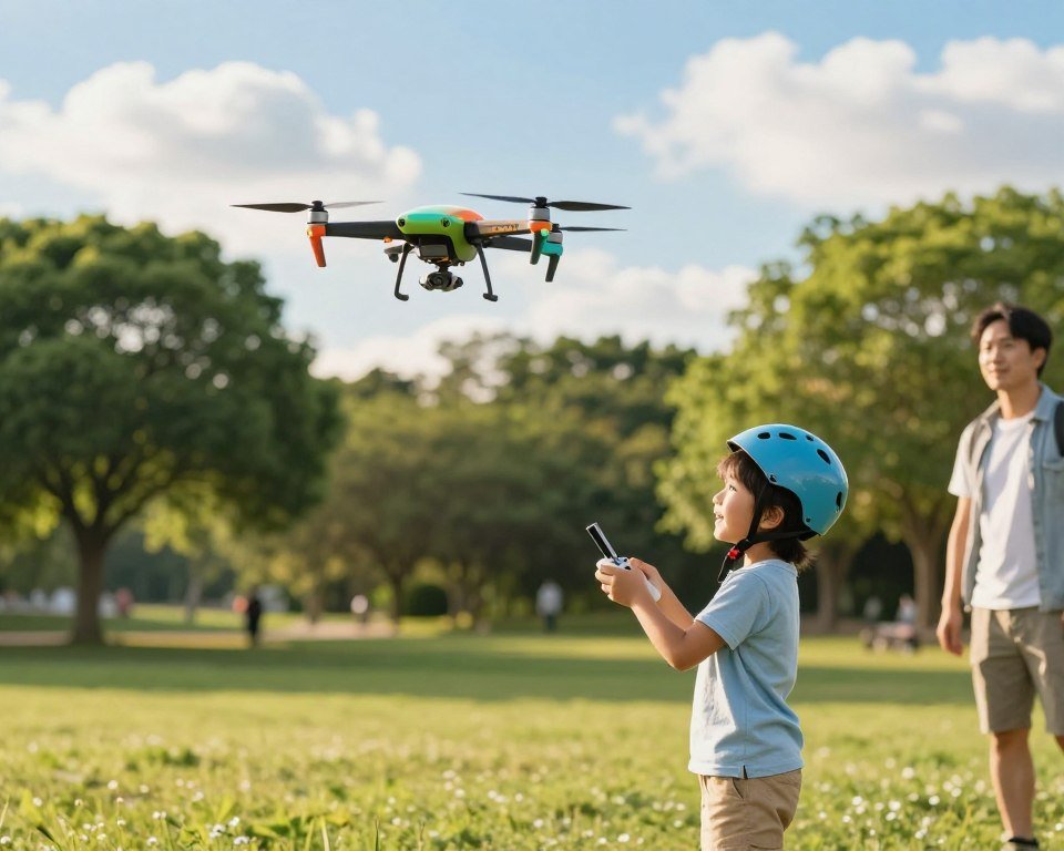 A bright and vibrant outdoor scene showcasing a child and a parent flying a colorful toy drone in a sunny park. The foreground features the child, wearing a safety helmet and casual clothing, joyfully controlling the drone with a remote. In the middle, the drone is hovering gracefully above an open space, capturing the excitement of flight. The background includes lush green trees and a clear blue sky dotted with fluffy clouds, emphasizing the idea of outdoor fun. The lighting is warm and natural, suggesting a late afternoon atmosphere. The image evokes feelings of joy, adventure, and the benefits of engaging in playful activities while promoting STEM learning through technology. A bright and vibrant outdoor scene showcasing a child and a parent flying a colorful toy drone in a sunny park. The foreground features the child, wearing a safety helmet and casual clothing, joyfully controlling the drone with a remote. In the middle, the drone is hovering gracefully above an open space, capturing the excitement of flight. The background includes lush green trees and a clear blue sky dotted with fluffy clouds, emphasizing the idea of outdoor fun. The lighting is warm and natural, suggesting a late afternoon atmosphere. The image evokes feelings of joy, adventure, and the benefits of engaging in playful activities while promoting STEM learning through technology.