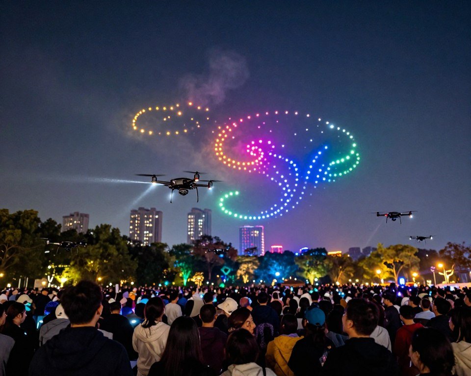A captivating aerial drone show illuminating a night sky with vibrant colors and dynamic patterns. In the foreground, several elegantly designed drones are positioned mid-flight, leaving trails of light in their wake. The middle ground showcases a large audience gathered in a park, their faces illuminated by the dazzling display, highlighting their excitement and wonder. In the background, silhouettes of tall buildings contrast against the colorful sky filled with swirling lights and shapes created by the drones. The atmosphere is festive and innovative, evoking a sense of celebration and modern entertainment. Use soft, twinkling lights and a slight bokeh effect to enhance the magical feel of the scene, capturing the essence of a spectacular drone show. A captivating aerial drone show illuminating a night sky with vibrant colors and dynamic patterns. In the foreground, several elegantly designed drones are positioned mid-flight, leaving trails of light in their wake. The middle ground showcases a large audience gathered in a park, their faces illuminated by the dazzling display, highlighting their excitement and wonder. In the background, silhouettes of tall buildings contrast against the colorful sky filled with swirling lights and shapes created by the drones. The atmosphere is festive and innovative, evoking a sense of celebration and modern entertainment. Use soft, twinkling lights and a slight bokeh effect to enhance the magical feel of the scene, capturing the essence of a spectacular drone show.