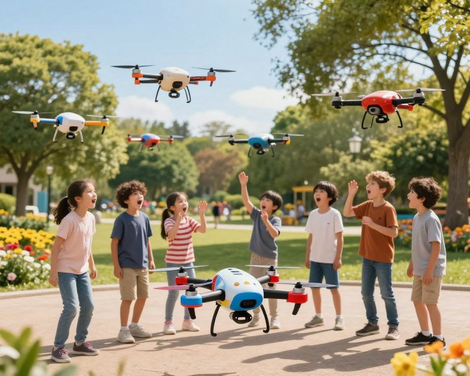 A captivating scene featuring colorful drones designed for children's use, hovering playfully in a bright, cheerful outdoor environment. In the foreground, a small, child-friendly drone with a cartoonish design showcases vibrant colors like red and blue, surrounded by a group of children aged 8-10, wearing casual clothing, gasping in excitement as they interact with the drones. In the middle background, several other drones of varying shapes and sizes fly gracefully among trees, casting soft shadows on the ground. The background includes a sunny park with green grass, colorful flowers, and a clear blue sky, enhancing the sense of adventure and innovation. Use warm, natural lighting to create a lively atmosphere, captured from a slightly elevated angle to emphasize the activity and joy of the children.