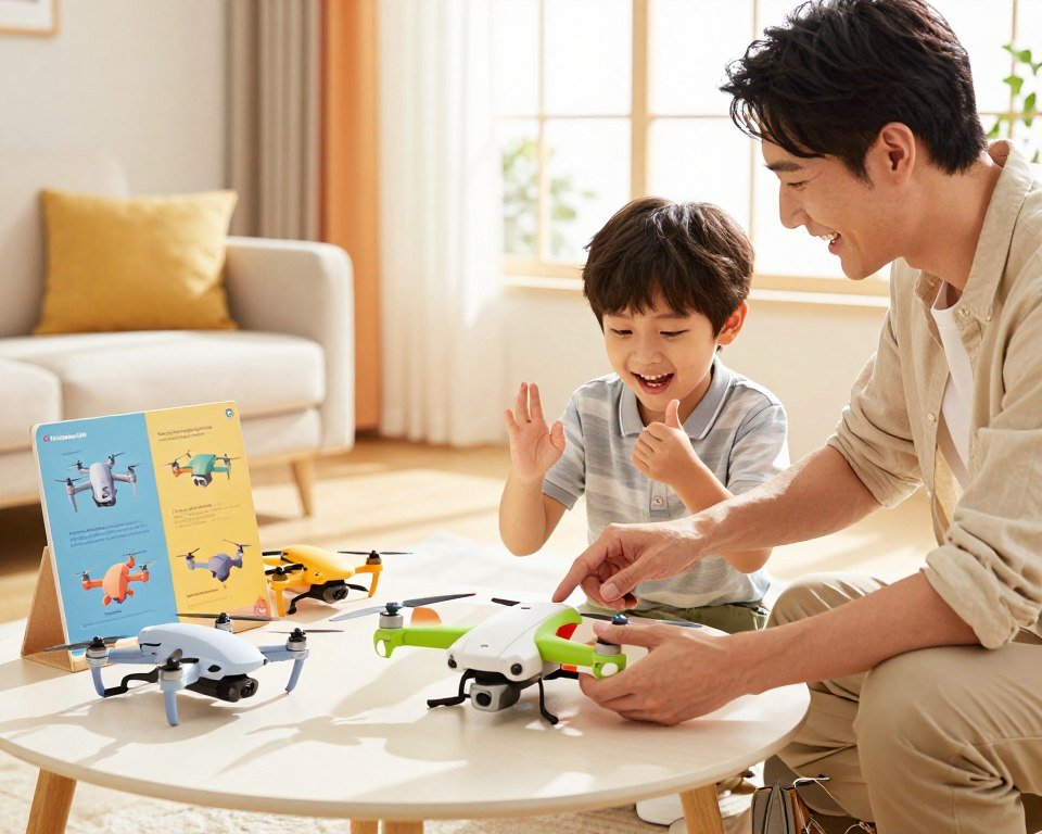 A cheerful living room setting showcases a variety of colorful drones ideal for children. In the foreground, a friendly adult is assisting a young child, who is excitedly inspecting a small, durable drone with bright colors and soft edges. The adult, wearing casual, modest clothing, gestures towards a colorful chart displaying key features of children's drones. In the middle ground, other toys and drone accessories are organized neatly, emphasizing a playful yet educational atmosphere. The background features a bright window allowing warm sunlight to illuminate the space, casting soft shadows. The mood is joyful and engaging, encouraging safe and fun exploration, with a slight focus on attributes like safety, ease of use, and entertainment value for children. A cheerful living room setting showcases a variety of colorful drones ideal for children. In the foreground, a friendly adult is assisting a young child, who is excitedly inspecting a small, durable drone with bright colors and soft edges. The adult, wearing casual, modest clothing, gestures towards a colorful chart displaying key features of children's drones. In the middle ground, other toys and drone accessories are organized neatly, emphasizing a playful yet educational atmosphere. The background features a bright window allowing warm sunlight to illuminate the space, casting soft shadows. The mood is joyful and engaging, encouraging safe and fun exploration, with a slight focus on attributes like safety, ease of use, and entertainment value for children.