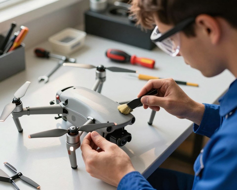 A close-up scene showcasing the maintenance of a drone propeller. In the foreground, a focused technician in a blue jumpsuit, wearing safety goggles, inspects and cleans the four propellers with a soft brush. The middle ground features the drone itself, with detailed textures on the body and propellers, reflecting the sunlight. The background shows a workbench cluttered with tools like screwdrivers, a wrench, and spare propeller blades. Soft natural light illuminates the workspace, creating a sense of professionalism and attention to detail. The atmosphere is calm and focused, highlighting the importance of care and maintenance in drone operation. The image captures the essence of hobbyist drone maintenance in a practical, informative manner. A close-up scene showcasing the maintenance of a drone propeller. In the foreground, a focused technician in a blue jumpsuit, wearing safety goggles, inspects and cleans the four propellers with a soft brush. The middle ground features the drone itself, with detailed textures on the body and propellers, reflecting the sunlight. The background shows a workbench cluttered with tools like screwdrivers, a wrench, and spare propeller blades. Soft natural light illuminates the workspace, creating a sense of professionalism and attention to detail. The atmosphere is calm and focused, highlighting the importance of care and maintenance in drone operation. The image captures the essence of hobbyist drone maintenance in a practical, informative manner.