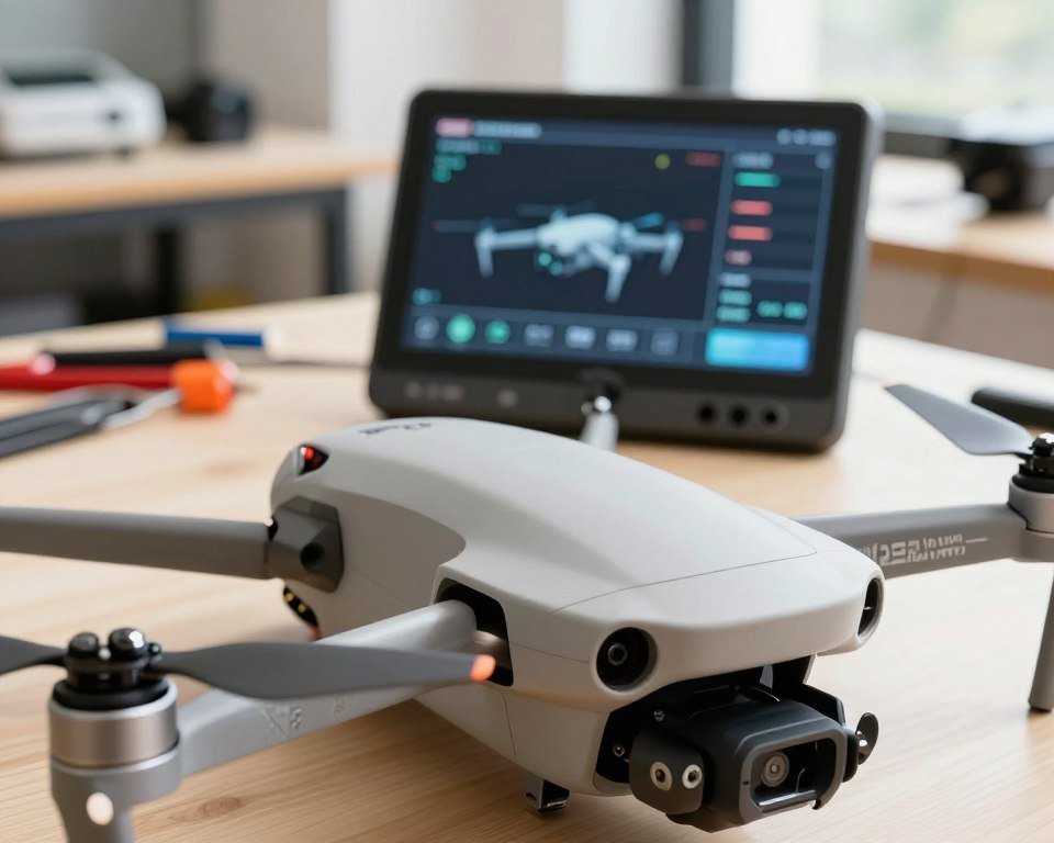 A close-up view of a drone's propellers, showcasing their intricate technical specifications. The foreground features a sleek, modern 4-blade design with detailed markings and material textures, glistening under bright, natural lighting. In the middle ground, a digital screen displays technical diagrams and measurements related to drone performance and settings in a professional setup. The background portrays a soft-focus workshop environment, filled with tools and equipment relevant to drone assembly. The scene is infused with a mood of innovation and excitement, highlighting the beginner-friendly features of the drone. Use a shallow depth of field to emphasize the propellers and screen, capturing an engaging and informative atmosphere. A close-up view of a drone's propellers, showcasing their intricate technical specifications. The foreground features a sleek, modern 4-blade design with detailed markings and material textures, glistening under bright, natural lighting. In the middle ground, a digital screen displays technical diagrams and measurements related to drone performance and settings in a professional setup. The background portrays a soft-focus workshop environment, filled with tools and equipment relevant to drone assembly. The scene is infused with a mood of innovation and excitement, highlighting the beginner-friendly features of the drone. Use a shallow depth of field to emphasize the propellers and screen, capturing an engaging and informative atmosphere.