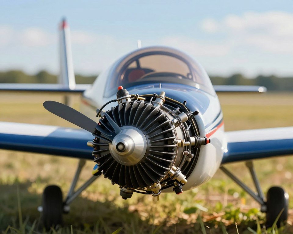 A close-up view of a high-performance RC airplane engine prominently displayed in the foreground, showcasing intricate details such as cooling fins, fuel lines, and spark plugs. The middle ground features the sleek fuselage of the RC plane, emphasizing its aerodynamic design and lightweight materials, suggesting speed and agility. In the background, a blurred outdoor scene highlights a grassy field under a bright blue sky, conveying an active flying environment. The lighting is warm and natural, reflecting a sunny day, while the angle of view captures the engine's craftsmanship and engineering brilliance. The overall mood is dynamic and inspiring, aimed at illustrating the crucial role of the motor in enhancing the RC aircraft's performance, tailored for young enthusiasts and budding aviators.