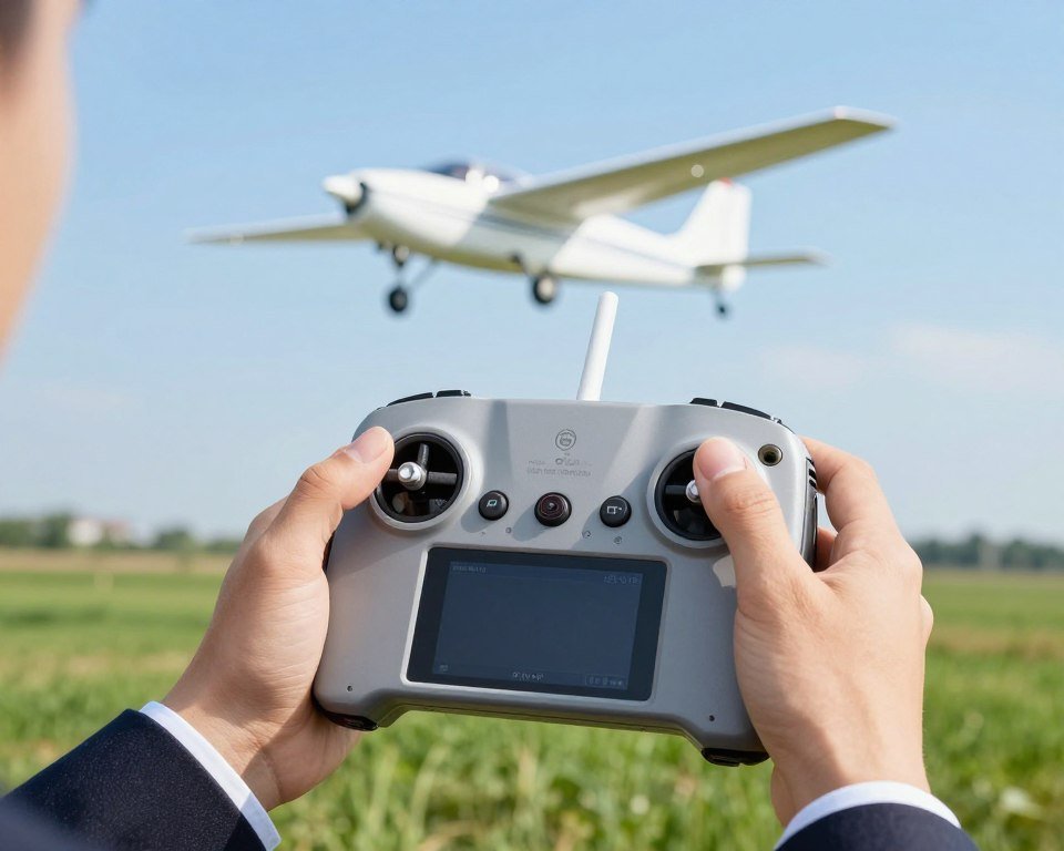 A close-up view of a remote control transmitter for model airplanes, showcasing its intricate details like buttons, joysticks, and a digital screen. The foreground features the transmitter in sharp focus, with fingers of a person in professional business attire gently gripping it, demonstrating control and precision. In the middle ground, an outline of a radio-controlled airplane is visible, soaring against a clear blue sky. The background subtly includes lush green fields, hinting at a vast outdoor space suitable for flying. The scene is brightly lit, capturing a cheerful and focused atmosphere, with soft shadows to add depth. This composition emphasizes the importance of precise control in flying radio-controlled aircraft. A close-up view of a remote control transmitter for model airplanes, showcasing its intricate details like buttons, joysticks, and a digital screen. The foreground features the transmitter in sharp focus, with fingers of a person in professional business attire gently gripping it, demonstrating control and precision. In the middle ground, an outline of a radio-controlled airplane is visible, soaring against a clear blue sky. The background subtly includes lush green fields, hinting at a vast outdoor space suitable for flying. The scene is brightly lit, capturing a cheerful and focused atmosphere, with soft shadows to add depth. This composition emphasizes the importance of precise control in flying radio-controlled aircraft.