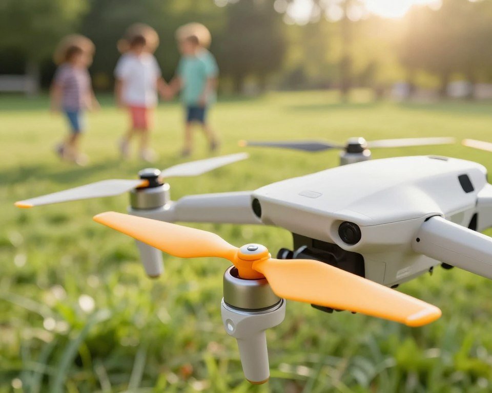 A close-up view of child-safe drone propeller protectors, emphasizing their bright colors and soft, rounded edges to ensure safety. In the foreground, showcase the propeller guard from an angled perspective, highlighting the materials that prevent injury. In the middle ground, display a light-weight drone equipped with these protectors, accentuating its playful design and durability. The background features a vibrant outdoor setting, such as a grassy park with children playing at a safe distance, conveying a sense of joy and exploration. Soft, natural sunlight filters through trees, creating a warm and inviting atmosphere. The overall mood reflects fun, safety, and the excitement of flying drones for beginners, particularly children. Focus on clear details and textures to enhance visual appeal without any distractions.