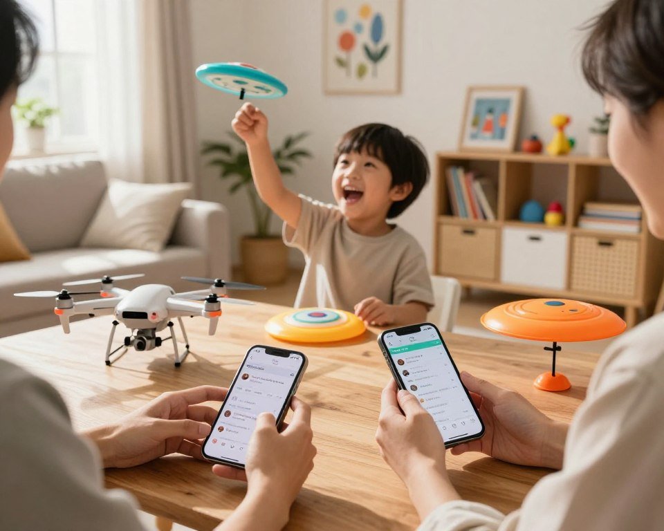 A collection of colorful flying toys, including a drone, a glider, and a flying disc, arranged on a wooden table in a family living room. In the foreground, a pair of hands, belonging to a parent in casual clothing, holds a smartphone displaying reviews and ratings for the toys. The middle layer shows a lively, cheerful child, approximately five years old, playing with one of the flying toys, his face lit up with joy and excitement. The background features soft sunlight streaming in through a window, illuminating the cozy room decorated with playful art and a shelf filled with books and more toys. The mood is warm and inviting, encapsulating the joy of family time and the excitement of discovering the perfect flying toy. A collection of colorful flying toys, including a drone, a glider, and a flying disc, arranged on a wooden table in a family living room. In the foreground, a pair of hands, belonging to a parent in casual clothing, holds a smartphone displaying reviews and ratings for the toys. The middle layer shows a lively, cheerful child, approximately five years old, playing with one of the flying toys, his face lit up with joy and excitement. The background features soft sunlight streaming in through a window, illuminating the cozy room decorated with playful art and a shelf filled with books and more toys. The mood is warm and inviting, encapsulating the joy of family time and the excitement of discovering the perfect flying toy.