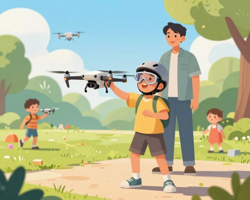 A colorful and engaging illustration showcasing safety considerations for children using drones. In the foreground, there’s a child around 8 years old, wearing a helmet and protective goggles, excitedly flying a small drone with visible safety features. The child is dressed in bright, casual clothing. In the middle ground, a parent stands nearby, giving guidance with a reassuring smile, wearing a simple shirt and jeans. In the background, a lush park setting with clear blue skies, trees, and playful elements like other children flying drones safely, conveying a sense of fun and education. The image is brightly lit, with soft shadows and a warm atmosphere, focusing on safety and enjoyment in drone use.
