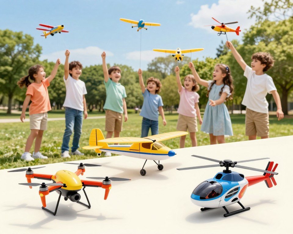 A colorful and engaging layout showcasing a comparative display of various flying toy models for children. In the foreground, feature three distinct flying toys: a vibrant drone, a classic glider, and a futuristic helicopter, all detailed and in different colors. In the middle ground, arrange a family of children joyfully playing with the toys, dressed in modest casual clothing, with expressions of excitement. In the background, a sunny park setting with greenery and a clear blue sky, enhancing the playful atmosphere. The lighting is bright and cheerful, capturing a sunny day feel. Use a slightly elevated angle to showcase the toys and children effectively, emphasizing the fun and variety of options available. A colorful and engaging layout showcasing a comparative display of various flying toy models for children. In the foreground, feature three distinct flying toys: a vibrant drone, a classic glider, and a futuristic helicopter, all detailed and in different colors. In the middle ground, arrange a family of children joyfully playing with the toys, dressed in modest casual clothing, with expressions of excitement. In the background, a sunny park setting with greenery and a clear blue sky, enhancing the playful atmosphere. The lighting is bright and cheerful, capturing a sunny day feel. Use a slightly elevated angle to showcase the toys and children effectively, emphasizing the fun and variety of options available.