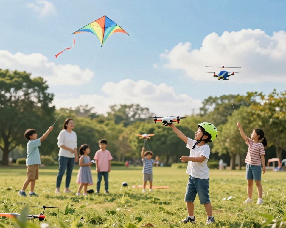 A colorful and engaging scene depicting a park where children are safely playing with various flying toys like drones, kites, and remote-controlled helicopters. In the foreground, a young child in a bright helmet enthusiastically controls a drone, while another child carefully launches a vibrant kite into the blue sky. In the middle ground, parents are attentively supervising the children's activities, ensuring a safe play environment. The background features gentle green trees and a clear blue sky with fluffy white clouds, creating a cheerful and inviting atmosphere. The lighting is warm and soft, simulating a sunny day in the park. The overall mood is joyful and fun, emphasizing safety and enjoyment in flying toys for children. A colorful and engaging scene depicting a park where children are safely playing with various flying toys like drones, kites, and remote-controlled helicopters. In the foreground, a young child in a bright helmet enthusiastically controls a drone, while another child carefully launches a vibrant kite into the blue sky. In the middle ground, parents are attentively supervising the children's activities, ensuring a safe play environment. The background features gentle green trees and a clear blue sky with fluffy white clouds, creating a cheerful and inviting atmosphere. The lighting is warm and soft, simulating a sunny day in the park. The overall mood is joyful and fun, emphasizing safety and enjoyment in flying toys for children.