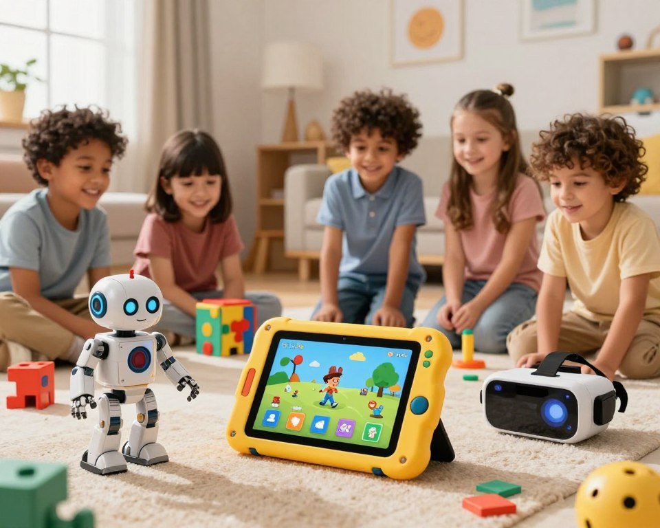 A colorful and engaging scene showcasing various innovative technological toys for children. In the foreground, a bright, interactive tablet displaying educational games is surrounded by a robot toy with movable parts, a 3D puzzle, and an augmented reality set. The middle layer features children of diverse backgrounds, smiling and playing together, wearing casual but modest clothes, demonstrating the toys in action. The background includes a cozy room with playful décor, soft lighting that creates a warm atmosphere, and a window letting in natural light. The scene evokes a sense of joy, creativity, and collaboration, emphasizing the benefits of integrated development through technology.