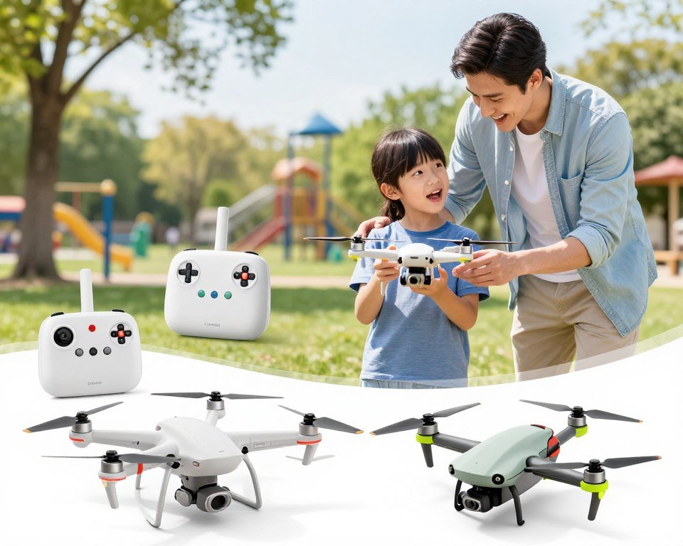 A colorful and informative illustration showcasing essential factors for choosing a children's quadcopter. In the foreground, a close-up view of various quadcopter models, emphasizing safety features like propeller guards and colorful, durable materials. In the middle ground, display key factors such as battery life indicators, remote controls with simple interfaces, and lightweight designs tailored for children. A parent, dressed in casual attire, can be interacting with a child, excitedly inspecting a drone together. In the background, a sunny park scene enhances the joyful atmosphere, with trees and a playground visible. The lighting is bright and cheerful, conveying a sense of fun and adventure in a family-friendly environment. The composition is balanced, inviting the viewer to learn and engage with the topic of choosing a child-friendly drone. A colorful and informative illustration showcasing essential factors for choosing a children's quadcopter. In the foreground, a close-up view of various quadcopter models, emphasizing safety features like propeller guards and colorful, durable materials. In the middle ground, display key factors such as battery life indicators, remote controls with simple interfaces, and lightweight designs tailored for children. A parent, dressed in casual attire, can be interacting with a child, excitedly inspecting a drone together. In the background, a sunny park scene enhances the joyful atmosphere, with trees and a playground visible. The lighting is bright and cheerful, conveying a sense of fun and adventure in a family-friendly environment. The composition is balanced, inviting the viewer to learn and engage with the topic of choosing a child-friendly drone.