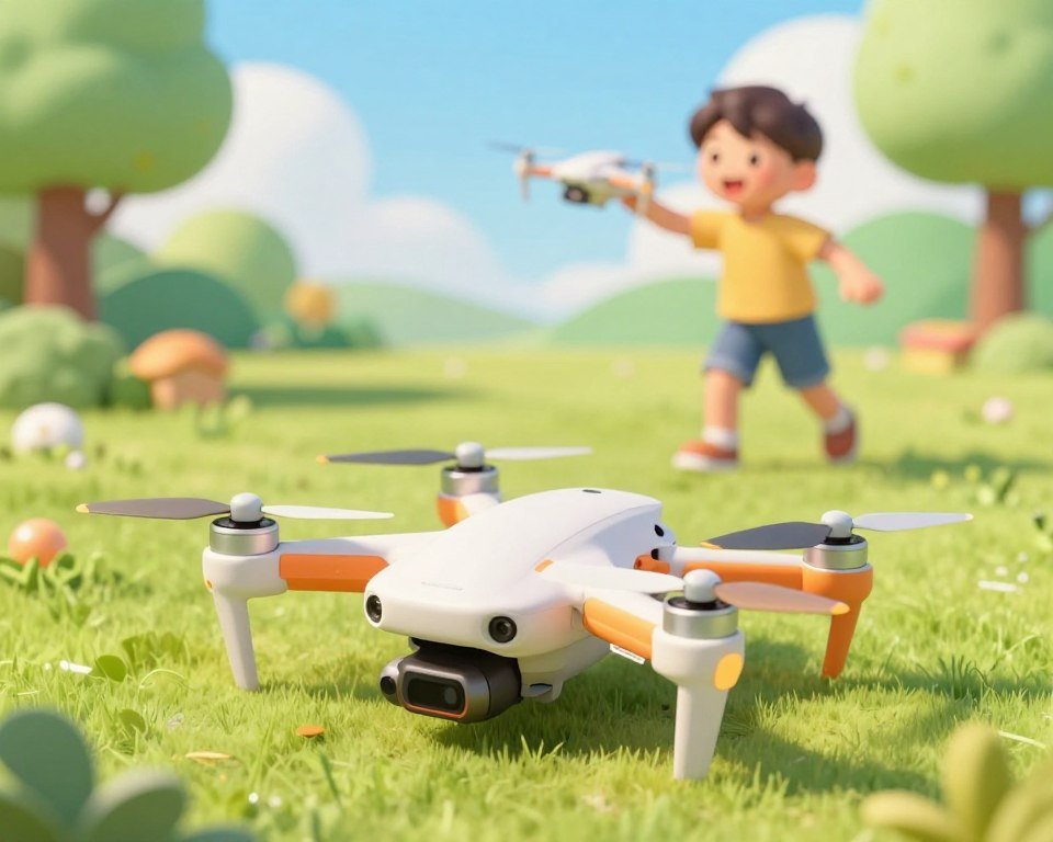 A colorful, engaging illustration showcasing key features of a children's drone. In the foreground, depict the drone itself, designed with bright colors and rounded edges, emphasizing safety and ease of use. The drone should have large, soft propellers and intuitive controls highlighted. In the middle ground, place a child interacting with the drone, wearing casual clothes and a joyful expression, demonstrating the fun aspect of flying it. The background should be a sunny park setting with green grass, playful trees, and a clear blue sky to evoke a cheerful atmosphere. Use soft, natural lighting to enhance the scene, capturing a warm and playful mood, inviting children to explore technology in a fun way.