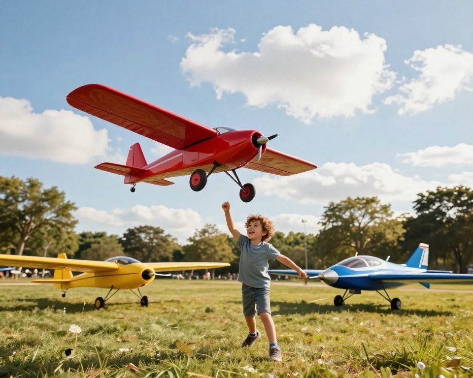 A colorful scene depicting a variety of children's remote-controlled airplanes in an open park setting. In the foreground, a young child joyfully flies a bright red RC plane, their face lit with excitement. The middle ground features several different models of RC planes, including a yellow glider and a sleek blue jet, all designed for kids. The background showcases a clear blue sky dotted with fluffy white clouds and a few trees gently swaying in the breeze. The sunlight casts warm, inviting illumination over the scene, highlighting the vibrant colors of the planes and the joyful expression of the child. Capture the playful atmosphere, emphasizing the fun and adventurous spirit of introducing kids to the world of remote-controlled airplanes.
