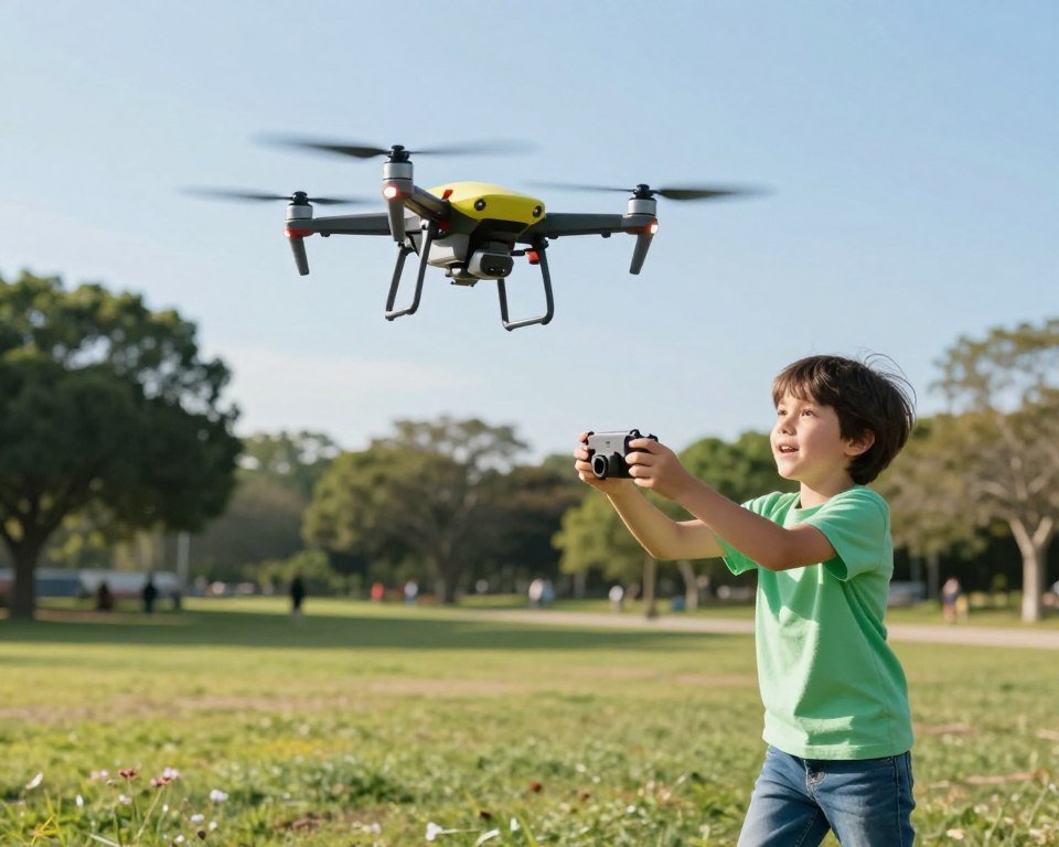 A colorful scene featuring a child flying a quadcopter drone in a spacious, open park. In the foreground, the child, wearing a bright T-shirt and jeans, is gently guiding the drone with a focused expression, showcasing excitement and curiosity. The middle ground showcases the drone soaring gracefully, capturing attention with its sleek design and vibrant colors. In the background, there are trees and a clear blue sky, emphasizing a pleasant weather atmosphere, with soft, diffused sunlight illuminating the scene. The angle is slightly low to emphasize the drone's flight path and the child’s engagement, creating a sense of adventure and exploration. The overall mood is adventurous and joyful, highlighting the excitement of flying a drone for the very first time. A colorful scene featuring a child flying a quadcopter drone in a spacious, open park. In the foreground, the child, wearing a bright T-shirt and jeans, is gently guiding the drone with a focused expression, showcasing excitement and curiosity. The middle ground showcases the drone soaring gracefully, capturing attention with its sleek design and vibrant colors. In the background, there are trees and a clear blue sky, emphasizing a pleasant weather atmosphere, with soft, diffused sunlight illuminating the scene. The angle is slightly low to emphasize the drone's flight path and the child’s engagement, creating a sense of adventure and exploration. The overall mood is adventurous and joyful, highlighting the excitement of flying a drone for the very first time.