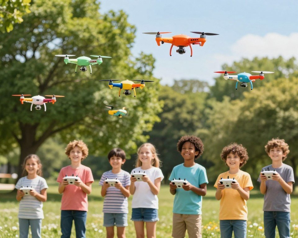 A colorful scene featuring children joyfully flying vibrant and playful drones in a sunny park setting. In the foreground, a group of diverse kids, dressed in casual, comfortable clothing, are shown concentrating as they control their drones with remote controllers. In the middle, various types of small, child-friendly drones hover and soar through the air, showcasing bright colors and friendly designs. The background is filled with lush green trees, soft grass, and a clear blue sky, adding to the cheerful atmosphere. The lighting is bright and cheerful, suggesting a sunny day. The angle of the image captures an action-packed moment, emphasizing the excitement and fun of introducing kids to the world of drones. A colorful scene featuring children joyfully flying vibrant and playful drones in a sunny park setting. In the foreground, a group of diverse kids, dressed in casual, comfortable clothing, are shown concentrating as they control their drones with remote controllers. In the middle, various types of small, child-friendly drones hover and soar through the air, showcasing bright colors and friendly designs. The background is filled with lush green trees, soft grass, and a clear blue sky, adding to the cheerful atmosphere. The lighting is bright and cheerful, suggesting a sunny day. The angle of the image captures an action-packed moment, emphasizing the excitement and fun of introducing kids to the world of drones.