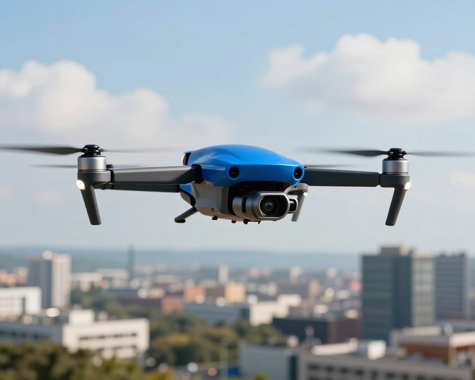 A compact drone with an innovative and sleek design, showcasing vibrant blue and black accents. In the foreground, the drone hovers gracefully, displaying its precision features such as stabilized rotors and integrated sensors. The middle ground features a blurred landscape of a modern city, highlighting the drone’s capability for urban navigation. The background is a clear sky with a few scattered clouds, suggesting a bright day. The scene is lit with soft, diffused sunlight, enhancing the technology's sleek lines and shiny surfaces, while casting gentle shadows that add depth. The atmosphere embodies a sense of futuristic functionality and high-tech elegance, evoking curiosity and excitement about advancements in drone technology.