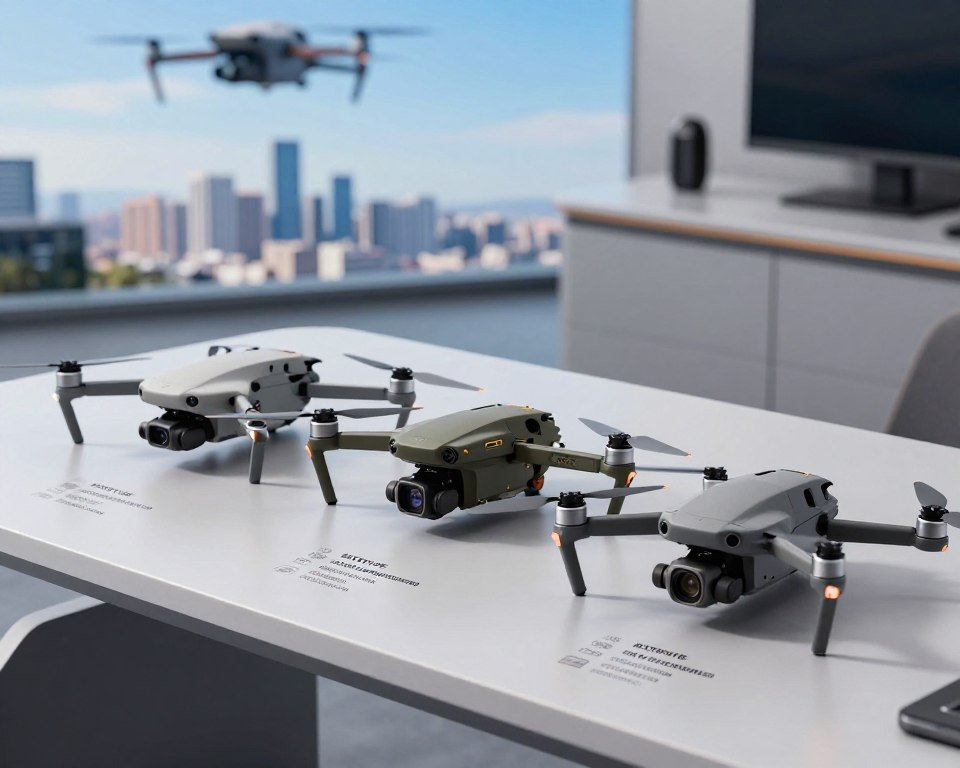 A comparative display of leading drone models on a sleek, modern workspace table. In the foreground, showcase three distinct drones, each with unique designs: one with an elongated body and powerful propellers, another with a compact, rugged build ideal for tough terrains, and a third featuring advanced camera technology. The middle ground should feature technical specifications displayed clearly beside each drone, such as battery life, motor power, and flight range. In the background, a blurred image of a city skyline under a bright blue sky creates an ideal flying environment. Soft, natural lighting accentuates the details of the drones, while a slight overhead angle enhances the focus on their features. The overall mood is professional and informative, conveying innovation and advanced technology.