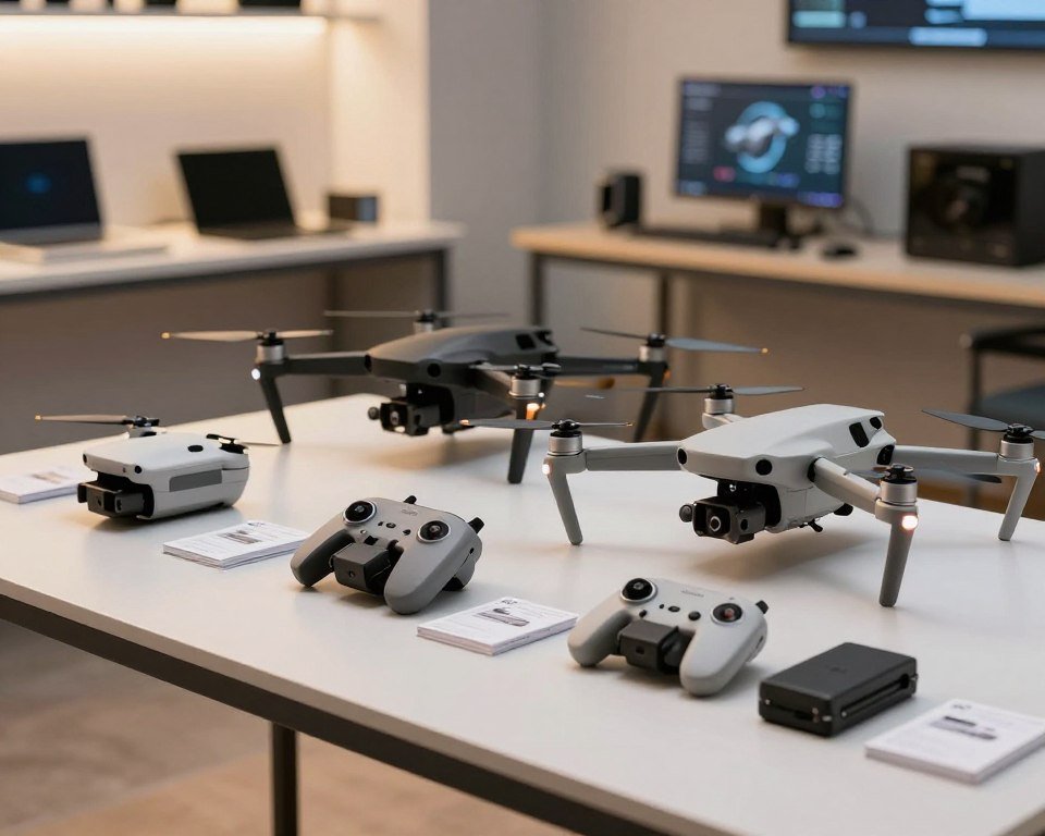A comparative display of various drone models, arranged neatly on a sleek, modern table. In the foreground, three distinct drones are prominently featured, showcasing different styles and sizes, from compact, lightweight designs to larger, professional-grade models. Each drone is opened up to reveal its components, emphasizing packaging contents next to them like batteries, controllers, and manuals. The middle ground includes a soft blurred background of a well-lit tech-savvy room, with high-tech gadgets and displays highlighting the theme of innovation. A warm, inviting lighting adds an optimistic and professional mood to the scene. The angle is slightly tilted downwards, capturing the details and radiance of the drones while maintaining a clean, organized aesthetic. No text or logos are present in the image. A comparative display of various drone models, arranged neatly on a sleek, modern table. In the foreground, three distinct drones are prominently featured, showcasing different styles and sizes, from compact, lightweight designs to larger, professional-grade models. Each drone is opened up to reveal its components, emphasizing packaging contents next to them like batteries, controllers, and manuals. The middle ground includes a soft blurred background of a well-lit tech-savvy room, with high-tech gadgets and displays highlighting the theme of innovation. A warm, inviting lighting adds an optimistic and professional mood to the scene. The angle is slightly tilted downwards, capturing the details and radiance of the drones while maintaining a clean, organized aesthetic. No text or logos are present in the image.
