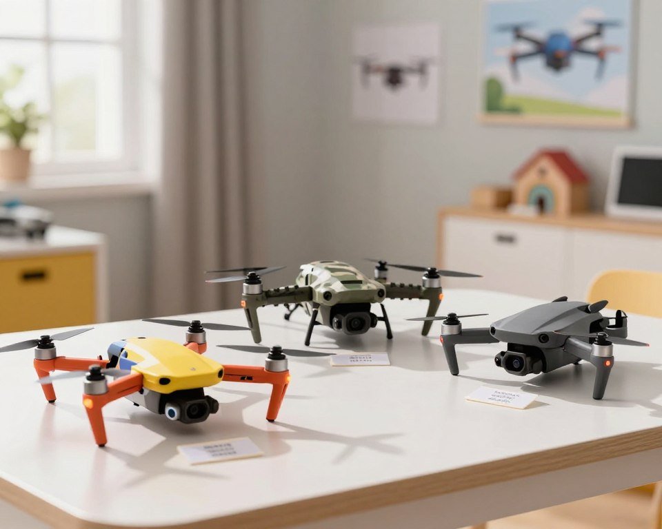A comprehensive comparison of various children's toy drones displayed prominently within a well-lit indoor setting. In the foreground, three distinct drone models are showcased on a glossy table: a colorful lightweight drone designed for kids, a rugged drone with camouflage patterns, and a sleek tech-savvy drone with LED lights. In the middle ground, subtle pricing tags are neatly placed beside each drone, ensuring clarity without clutter. The background features soft-focus elements of a playful room, with posters of flying drones and toys to enhance the atmosphere. Natural light streams through a window, casting gentle shadows, creating warmth and inviting a sense of playful competition among the toy drones. The image conveys a fun, informative mood suitable for parents considering options for their children. A comprehensive comparison of various children's toy drones displayed prominently within a well-lit indoor setting. In the foreground, three distinct drone models are showcased on a glossy table: a colorful lightweight drone designed for kids, a rugged drone with camouflage patterns, and a sleek tech-savvy drone with LED lights. In the middle ground, subtle pricing tags are neatly placed beside each drone, ensuring clarity without clutter. The background features soft-focus elements of a playful room, with posters of flying drones and toys to enhance the atmosphere. Natural light streams through a window, casting gentle shadows, creating warmth and inviting a sense of playful competition among the toy drones. The image conveys a fun, informative mood suitable for parents considering options for their children.