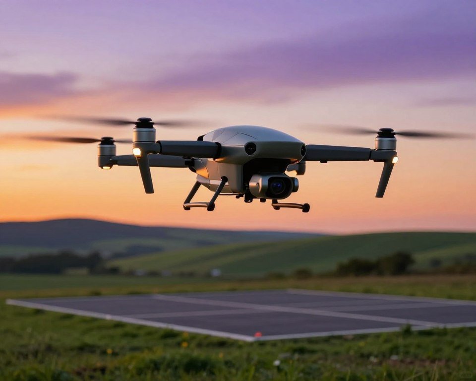 A cutting-edge drone equipped with an automatic landing system, hovering gracefully against a vibrant sunset sky. In the foreground, the drone's sleek, aerodynamic design is visible, showcasing advanced sensors and technology. The middle ground features a lush, green landscape, with a smooth landing pad designed for precision landings. In the background, gently rolling hills and a horizon tinged with warm orange and purple hues create an atmosphere of innovation and tranquility. Soft, natural lighting accentuates the drone's metallic surfaces, reflecting its modern sophistication. Captured from a slightly low angle to emphasize the drone's stature, the scene conveys a mood of technological advancement and serene flight mastery. A cutting-edge drone equipped with an automatic landing system, hovering gracefully against a vibrant sunset sky. In the foreground, the drone's sleek, aerodynamic design is visible, showcasing advanced sensors and technology. The middle ground features a lush, green landscape, with a smooth landing pad designed for precision landings. In the background, gently rolling hills and a horizon tinged with warm orange and purple hues create an atmosphere of innovation and tranquility. Soft, natural lighting accentuates the drone's metallic surfaces, reflecting its modern sophistication. Captured from a slightly low angle to emphasize the drone's stature, the scene conveys a mood of technological advancement and serene flight mastery.