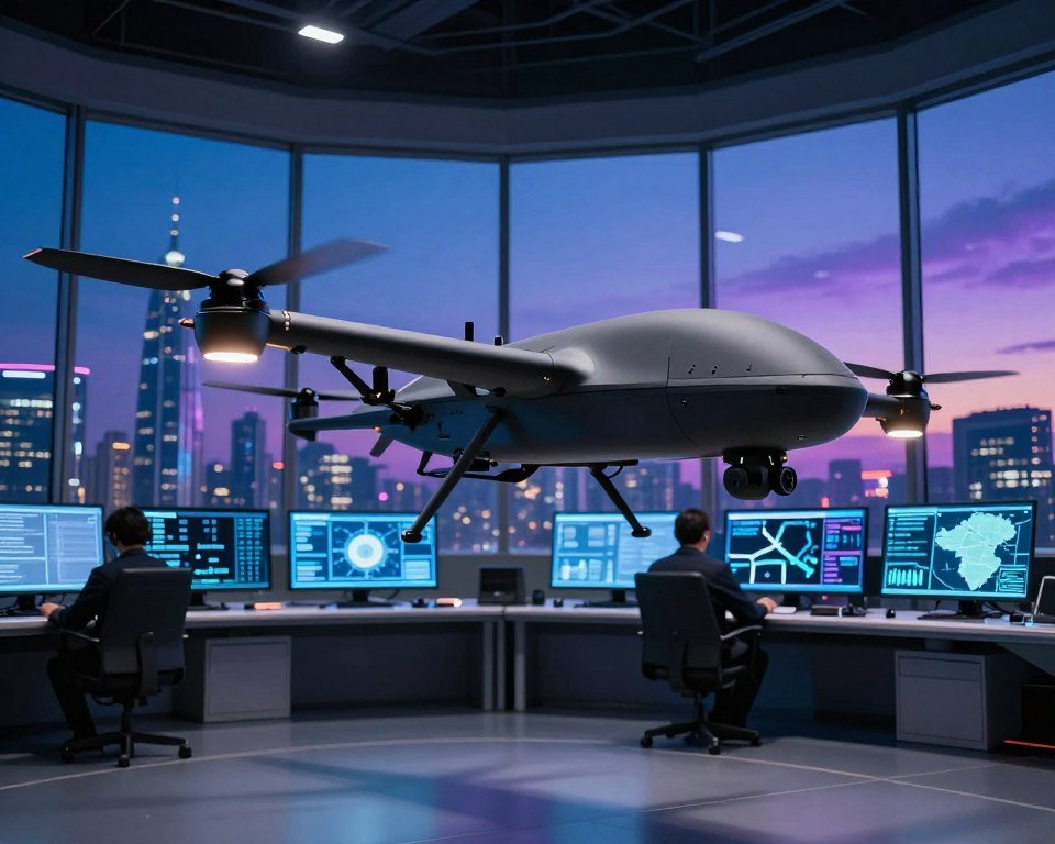 A cutting-edge military drone hovering in a high-tech command center, showcasing advanced communication and control features. In the foreground, a sleek, matte-black drone with intricate antennae and sensors glistens under focused LED lighting. The middle ground reveals a control operator, dressed in professional attire, intently monitoring multiple holographic screens displaying real-time data and maps. In the background, large glass windows show a panoramic view of a futuristic city skyline, under a twilight sky illuminated by a gradient of deep blues and purples. The atmosphere is infused with a sense of urgency and innovation, emphasizing the interplay between technology and tactical operations, captured from a slightly low angle to convey dominance and sophistication. A cutting-edge military drone hovering in a high-tech command center, showcasing advanced communication and control features. In the foreground, a sleek, matte-black drone with intricate antennae and sensors glistens under focused LED lighting. The middle ground reveals a control operator, dressed in professional attire, intently monitoring multiple holographic screens displaying real-time data and maps. In the background, large glass windows show a panoramic view of a futuristic city skyline, under a twilight sky illuminated by a gradient of deep blues and purples. The atmosphere is infused with a sense of urgency and innovation, emphasizing the interplay between technology and tactical operations, captured from a slightly low angle to convey dominance and sophistication.