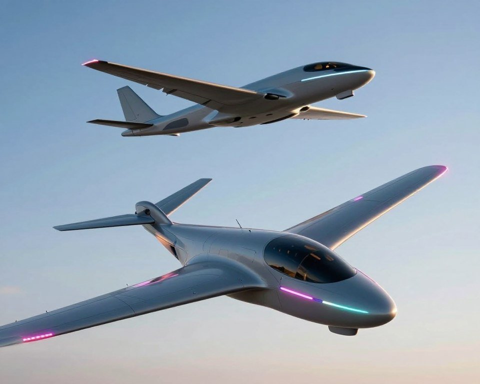 A cutting-edge remote-controlled airplane designed with durable materials, showcasing an innovative structure. In the foreground, highlight the sleek, aerodynamic body of the plane, with eye-catching LED lights integrated into the wings and fuselage, casting a colorful glow. The middle layer features dynamic angles of the plane in flight, emphasizing its advanced engineering and modern aesthetic. The background displays a clear blue sky, adding depth and a sense of adventure. Soft, diffused lighting enhances the airplane's features while creating a thrilling, high-tech atmosphere. Capture the essence of innovation and excitement in design, ensuring a polished and professional look.