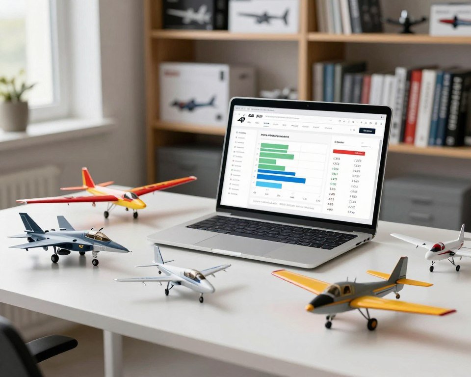 A detailed analysis of remote-controlled airplane prices depicted in a clean, modern office setting. In the foreground, a stylish desk cluttered with various model airplanes, including a sleek RC jet, a vibrant glider, and a rugged stunt plane, showcasing a range of prices and features. In the middle ground, a laptop open to a price comparison website, displaying charts and graphs illustrating price-performance ratios. The background features soft-focus shelves filled with model kits and aviation books. Soft, natural lighting filters in from a nearby window, creating an inviting atmosphere that encourages thoughtful examination. The composition is balanced for a professional feel, ideal for an informative article segment. A detailed analysis of remote-controlled airplane prices depicted in a clean, modern office setting. In the foreground, a stylish desk cluttered with various model airplanes, including a sleek RC jet, a vibrant glider, and a rugged stunt plane, showcasing a range of prices and features. In the middle ground, a laptop open to a price comparison website, displaying charts and graphs illustrating price-performance ratios. The background features soft-focus shelves filled with model kits and aviation books. Soft, natural lighting filters in from a nearby window, creating an inviting atmosphere that encourages thoughtful examination. The composition is balanced for a professional feel, ideal for an informative article segment.