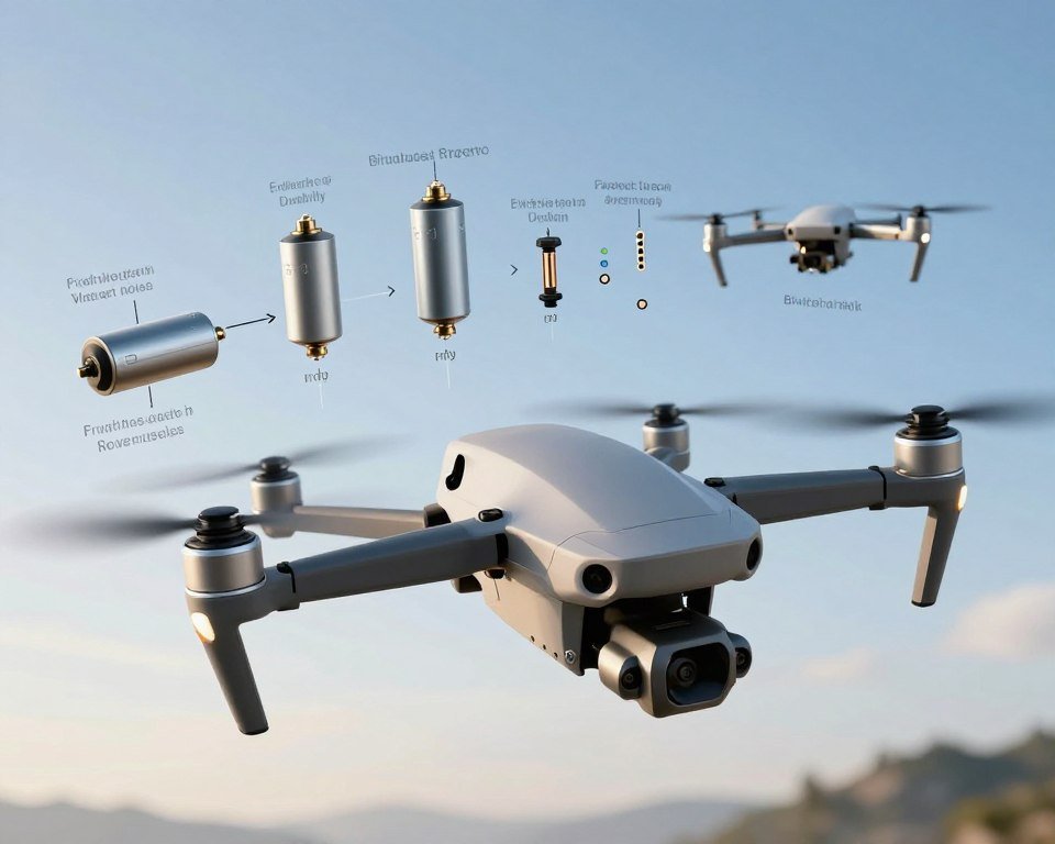 A detailed and dynamic illustration showcasing the advantages of brushless motors in drones. In the foreground, a sleek drone with a powerful brushless motor is prominently displayed, its rotors spinning to demonstrate high performance. The middle ground features various labeled components of the motor, highlighting its efficiency, durability, and reduced noise. In the background, a clear blue sky is visible, emphasizing the drone's ability to soar effortlessly. Soft sunlight illuminates the scene, casting gentle shadows and creating a sense of innovation and advancement. Capture the mood of excitement and technological superiority, with a focus on the brushless motor's beneficial features for powerful drones. Use a high-angle perspective to convey a sense of grandeur and capability.
