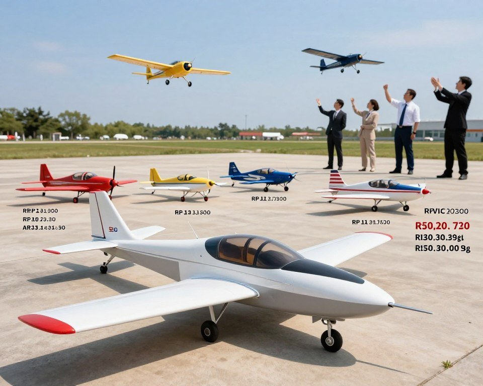 A detailed and informative comparison of remote control (RC) airplanes, showcasing a side-by-side analysis of price and performance. In the foreground, a sleek, modern RC airplane with a rechargeable battery design, highlighting features like a lightweight body and aerodynamic shape. In the middle ground, an assortment of different RC airplane models arranged neatly, displaying diverse shapes and sizes, each tagged with simulated price and performance metrics. The background features an outdoor setting, perhaps a sunny park with a clear blue sky, where a few RC airplanes are being piloted by individuals in professional attire, showcasing their enjoyment. The lighting is bright, emphasizing the vibrant colors of the airplanes and creating a cheerful atmosphere. The angle is slightly elevated, providing a comprehensive view of the entire comparison setup. A detailed and informative comparison of remote control (RC) airplanes, showcasing a side-by-side analysis of price and performance. In the foreground, a sleek, modern RC airplane with a rechargeable battery design, highlighting features like a lightweight body and aerodynamic shape. In the middle ground, an assortment of different RC airplane models arranged neatly, displaying diverse shapes and sizes, each tagged with simulated price and performance metrics. The background features an outdoor setting, perhaps a sunny park with a clear blue sky, where a few RC airplanes are being piloted by individuals in professional attire, showcasing their enjoyment. The lighting is bright, emphasizing the vibrant colors of the airplanes and creating a cheerful atmosphere. The angle is slightly elevated, providing a comprehensive view of the entire comparison setup.