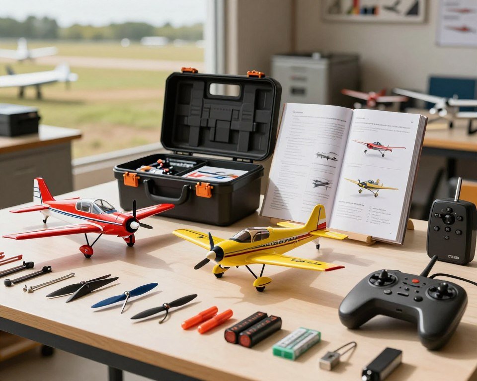 A detailed and organized display of a complete aeromodeling kit, highlighting a variety of accessories for RC aircraft. In the foreground, prominently feature vibrant, high-quality model airplanes, including stunt planes, along with an array of tools and components such as propellers, batteries, and remote controls. In the middle, showcase a neatly arranged toolbox and instructional guides, all bathed in warm, natural lighting to create an inviting atmosphere. The background should include a blurred view of an outdoor flying field or a workshop filled with model airplane parts, enhancing the theme of aeromodeling. The overall mood should be enthusiastic and engaging, inviting hobbyists to explore the accessories that enhance their RC experience.