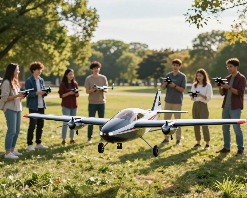A detailed and vibrant scene featuring a remote-controlled (RC) airplane in a park setting, showcasing advanced technologies. In the foreground, the sleek airplane, with high-tech features such as LED lights, a glossy finish, and visible propellers, hovers gracefully just above the grass. In the middle ground, a diverse group of people, dressed in casual outdoor clothing, enthusiastically controls various RC models, demonstrating their capabilities. The background reveals a sunny park filled with green trees and open skies, creating a joyful and playful atmosphere. Soft, warm sunlight filters through the leaves, casting gentle shadows on the ground. The angle is slightly elevated to capture both the airplane in action and the exciting interaction of the participants, embodying a spirit of outdoor fun and technological innovation.