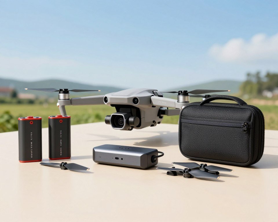 A detailed arrangement of the "Fly More Combo" accessories for a drone, displayed prominently in the foreground. Include additional batteries, a charging hub, propellers, and a carrying case, all with sleek, modern designs. In the middle ground, place a high-quality drone model, showcasing its precision mechanics and features. The background should subtly depict an outdoor landscape ideal for drone flying, such as a clear blue sky and green fields, creating a serene atmosphere. The lighting should be bright and clear, suggesting a sunny day, with soft shadows enhancing the shapes of the accessories. Use a slightly elevated angle to capture the entire scene, focusing on the organized layout of the accessories. The mood should be professional and engaging, emphasizing the utility and sophistication of drone technology.