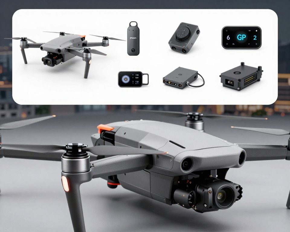 A detailed close-up of a high-tech drone model featuring a powerful motor, showcasing sleek aerodynamics and advanced materials. In the foreground, highlight the drone's innovative propellers and robust battery compartment, emphasizing its technical aspects. The middle ground displays a well-organized layout of key specifications and components like stabilization systems and GPS modules, all under a professional lighting setup that enhances their metallic sheen. The background includes a soft-focus representation of an urban landscape, indicating the drone's potential use for city mapping or aerial photography. The overall mood should convey a sense of cutting-edge technology and sophistication, inviting the viewer to consider the crucial technical aspects when purchasing a powerful drone. Ensure no text or branding is present in the image.