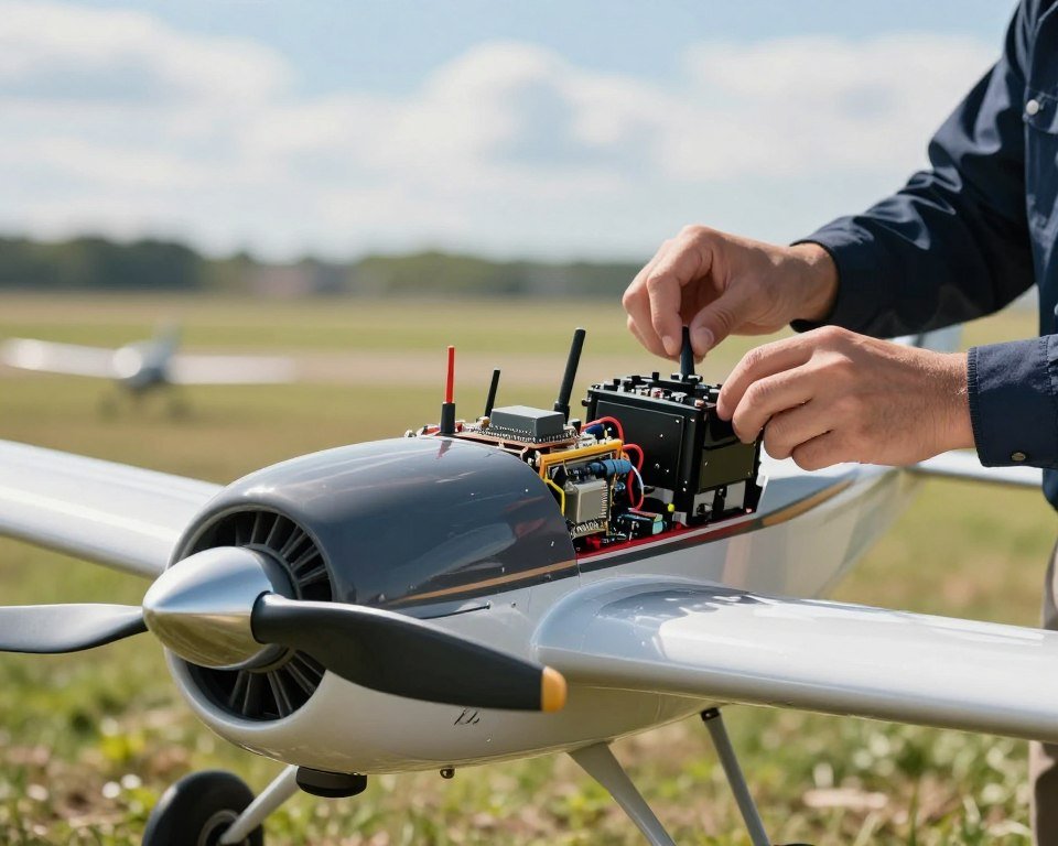 A detailed close-up of a high-tech remote-controlled airplane, showcasing its intricate internal components such as microprocessors, antennas, and control systems, in bright, vibrant colors. In the foreground, highlight the airplane's sleek fuselage and intricate propeller design, glistening under soft, natural sunlight. The middle section features a pair of hands in professional attire carefully tuning the control system, emphasizing the technology aspect. In the background, a blurred landscape of a grassy flying field with subtle clouds in a blue sky creates an open and adventurous atmosphere. Use a shallow depth of field to focus on the airplane and its technology, conveying innovation and excitement in the realm of RC flying. A detailed close-up of a high-tech remote-controlled airplane, showcasing its intricate internal components such as microprocessors, antennas, and control systems, in bright, vibrant colors. In the foreground, highlight the airplane's sleek fuselage and intricate propeller design, glistening under soft, natural sunlight. The middle section features a pair of hands in professional attire carefully tuning the control system, emphasizing the technology aspect. In the background, a blurred landscape of a grassy flying field with subtle clouds in a blue sky creates an open and adventurous atmosphere. Use a shallow depth of field to focus on the airplane and its technology, conveying innovation and excitement in the realm of RC flying.