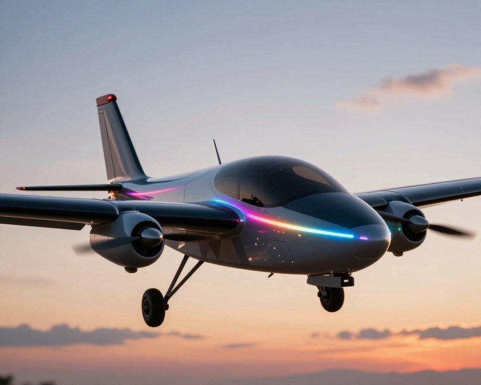 A detailed close-up of a high-tech remote-controlled airplane with colorful LED lights integrated into its sleek design. In the foreground, emphasize the airplane's glossy fuselage, highlighting intricate features like propellers and control surfaces. The middle ground showcases the airplane flying through an evening sky, the lights illuminating its path and creating a dynamic sense of movement. Meanwhile, the background features a soft gradient of sunset hues, with wispy clouds enhancing the serene atmosphere. The lighting is warm and inviting, casting subtle reflections on the airplane's surface. Capture the excitement and innovation of modern RC aircraft, with a focus on the impressive technical characteristics that appeal to hobbyists. The overall mood is vibrant and adventurous, embodying the thrill of flight.