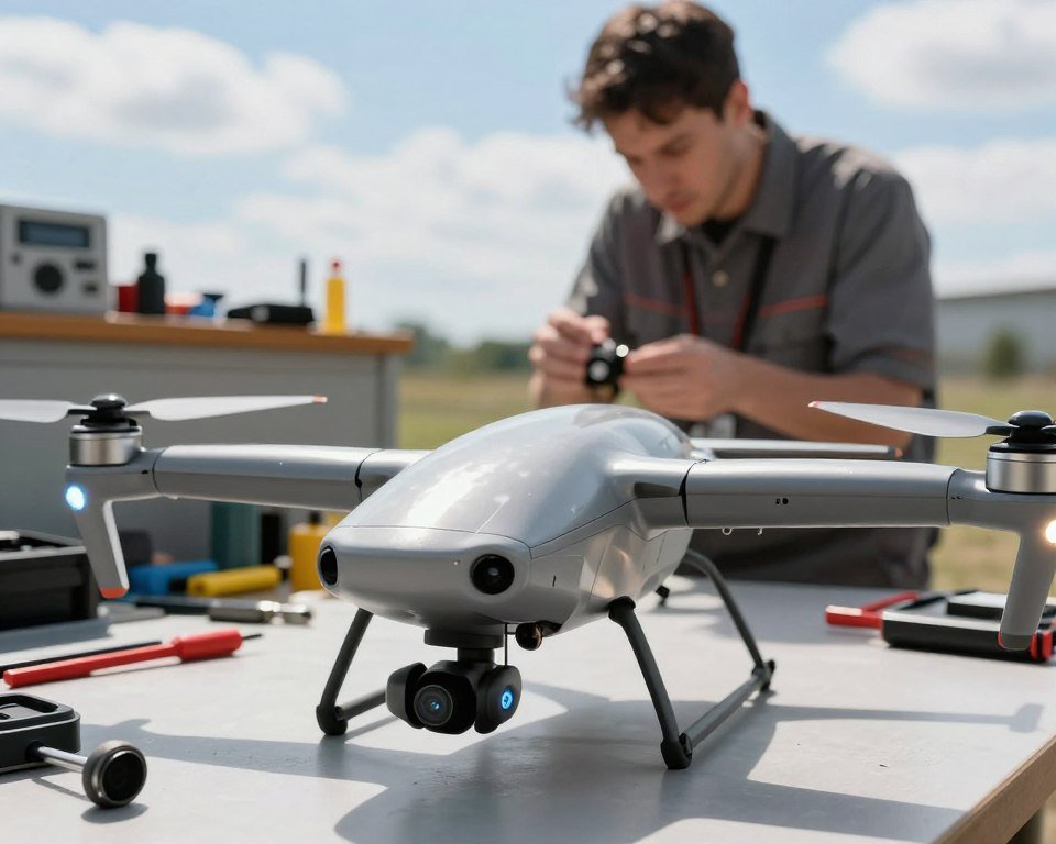 A detailed close-up of a remote-controlled airplane, emphasizing its LED lights and robust build to showcase technology and durability. In the foreground, highlight the intricate design of the plane's body and wings, glistening under bright, natural daylight to emphasize safety features. The middle ground should show a well-organized maintenance workspace, tools neatly arranged, with a professional technician in modest attire inspecting the aircraft, ensuring proper upkeep. In the background, a clear blue sky with soft clouds adds an adventurous atmosphere, hinting at the airplane's flying capabilities. The scene should evoke a sense of reliability and innovation, with a focus on both the aesthetic and functional aspects of the drone.