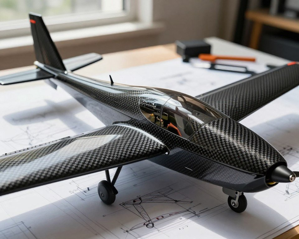 A detailed close-up of a remote-controlled airplane showcasing its design and construction materials. The foreground features intricately textured components such as lightweight carbon fiber wings and a sleek fuselage with a glossy finish. In the middle, highlight the assembly of functional parts like the propeller and electronics, emphasizing precision craftsmanship. The background portrays a workshop setting with tools and blueprints scattered around, assisting in the aircraft assembly. Natural light streams in from a nearby window, casting soft shadows that accentuate the airplane's curves and details. Capture a clean, professional atmosphere, bringing focus to the innovative materials used in modern RC airplane design, conveying a sense of creativity and engineering ingenuity. A detailed close-up of a remote-controlled airplane showcasing its design and construction materials. The foreground features intricately textured components such as lightweight carbon fiber wings and a sleek fuselage with a glossy finish. In the middle, highlight the assembly of functional parts like the propeller and electronics, emphasizing precision craftsmanship. The background portrays a workshop setting with tools and blueprints scattered around, assisting in the aircraft assembly. Natural light streams in from a nearby window, casting soft shadows that accentuate the airplane's curves and details. Capture a clean, professional atmosphere, bringing focus to the innovative materials used in modern RC airplane design, conveying a sense of creativity and engineering ingenuity.
