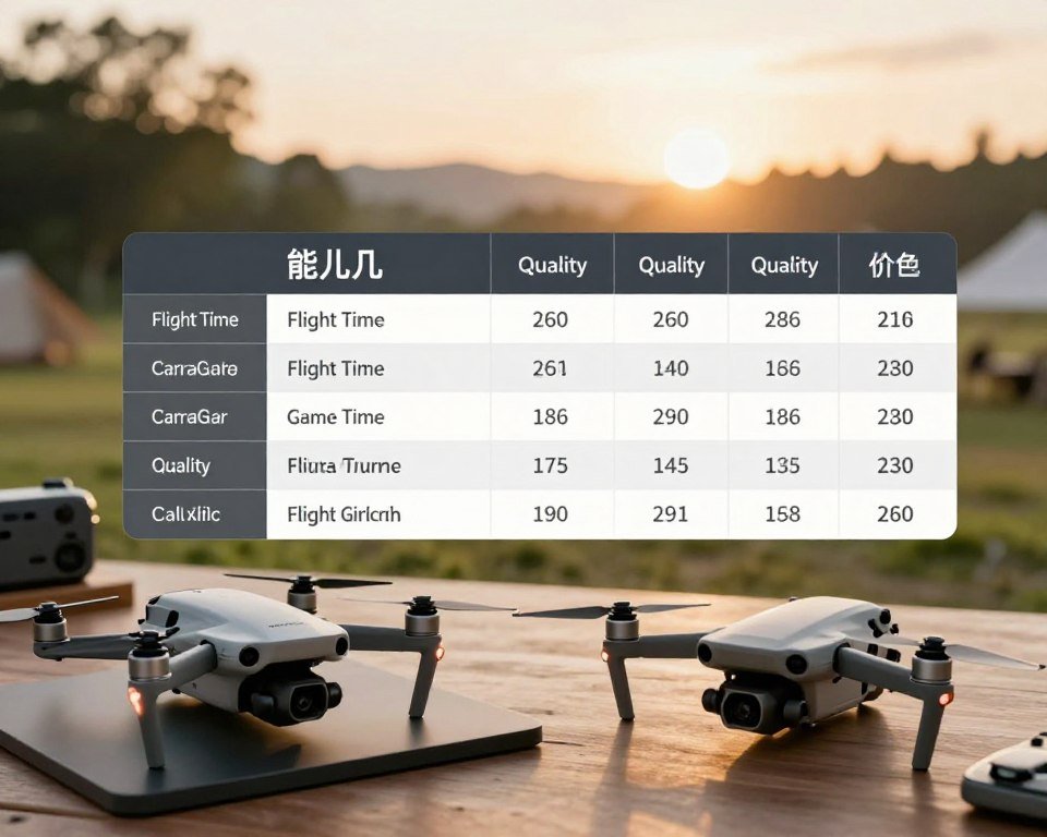A detailed comparative chart showcasing different drone models for beginners, focusing on quality and price. In the foreground, feature three drones of varying designs and colors, each on individual platforms. The middle layer should display a clear, organized table comparing specifications like flight time, camera quality, and price. In the background, a serene outdoor setting with gentle sunrise lighting to create a positive and welcoming mood. The scene should evoke a sense of exploration and learning. Use a shallow depth of field to keep the attention on the drones and the comparative chart while softly blurring the background. The angle is slightly elevated, offering an overview that highlights both the drones and the informative table seamlessly.