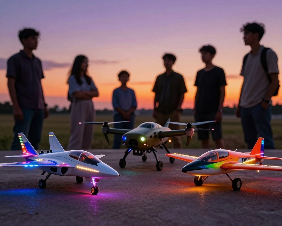 A detailed comparative scene featuring various remote control (RC) airplanes equipped with vibrant LED lights. In the foreground, showcase three distinctive models: a sleek jet, a rugged military drone, and a colorful stunt plane, each illuminated with bright, colorful lights to highlight their features. In the middle ground, include blurred silhouettes of hobbyists observing the airplanes, their faces showing fascination, dressed in casual attire. The background features a scenic sunset sky, casting warm hues of orange and purple, creating a dynamic and inviting atmosphere. Use a slightly low-angle perspective to emphasize the airplanes, capturing the intricate details of the designs and lights while ensuring a clear focus on the models. The overall mood should be energetic and exciting, reflecting the joy of flying RC planes.