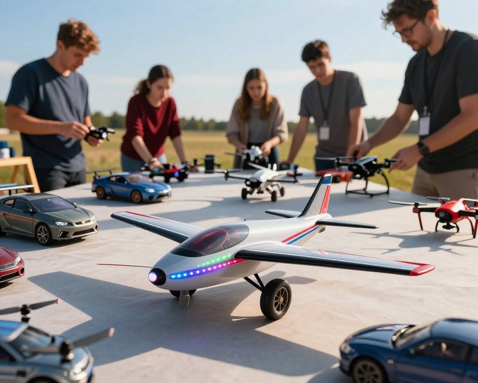 A detailed comparative scene featuring various remote-controlled models, prominently displaying a sleek LED-lit remote-controlled airplane in the foreground. Surrounding it are other models like cars and drones, each uniquely designed, showcasing their distinctive features. The middle ground features hobbyists, wearing casual clothing, examining the models with enthusiasm. In the background, an open field under a bright blue sky creates an adventurous atmosphere, illuminated by warm sunlight. The angle should be slightly elevated, capturing the excitement of the comparison while ensuring the colorful LED lights of the airplane stand out. The overall mood should convey a sense of innovation and fun, encouraging viewers to explore the world of remote-controlled technology.